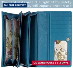 Women’s Top Grain Leather Wallet, RFID Blocking Bifold clutch, 17 Card Slots, Zi