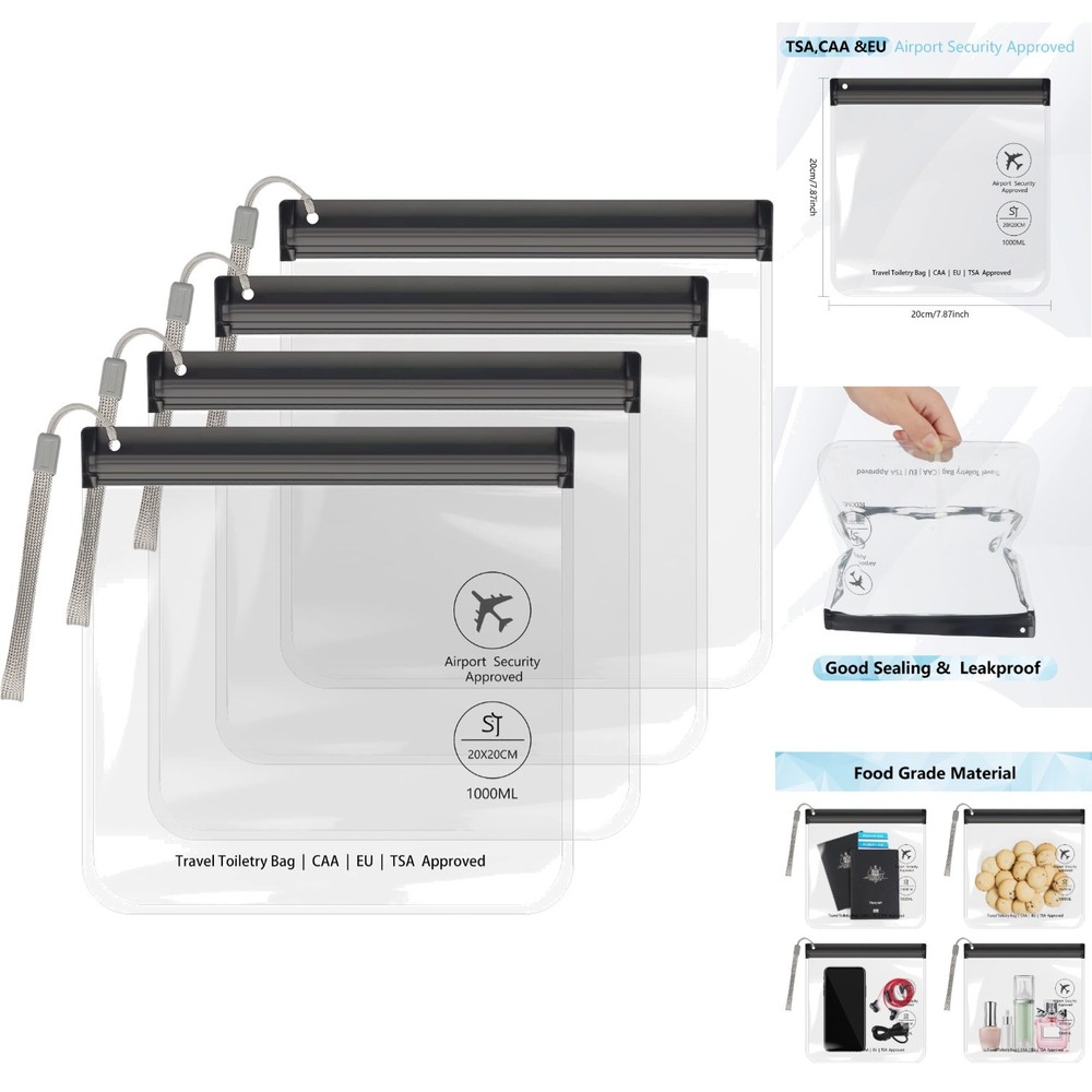 4Pcs Clear TSA Approved Travel Toiletry Bags Leakproof Waterproof Quart Size