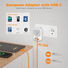 Foldable Type C European Travel Plug Adapter – 7-in-1, 2 Pack for Quick Charging