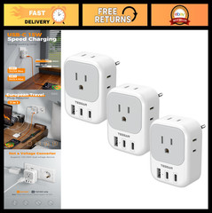 European Travel Plug Adapter 3 Pack – Type C Power Adapter, 4 AC Outlets, 3 USB