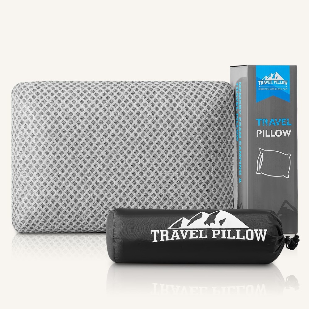 Memory Foam Travel Pillow – Compressible Camping & Hiking Cushion, Breathable Co