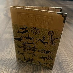 Leather Embossed /Painted Passport Cover Ancient Cave Drawings Made In Mongolia