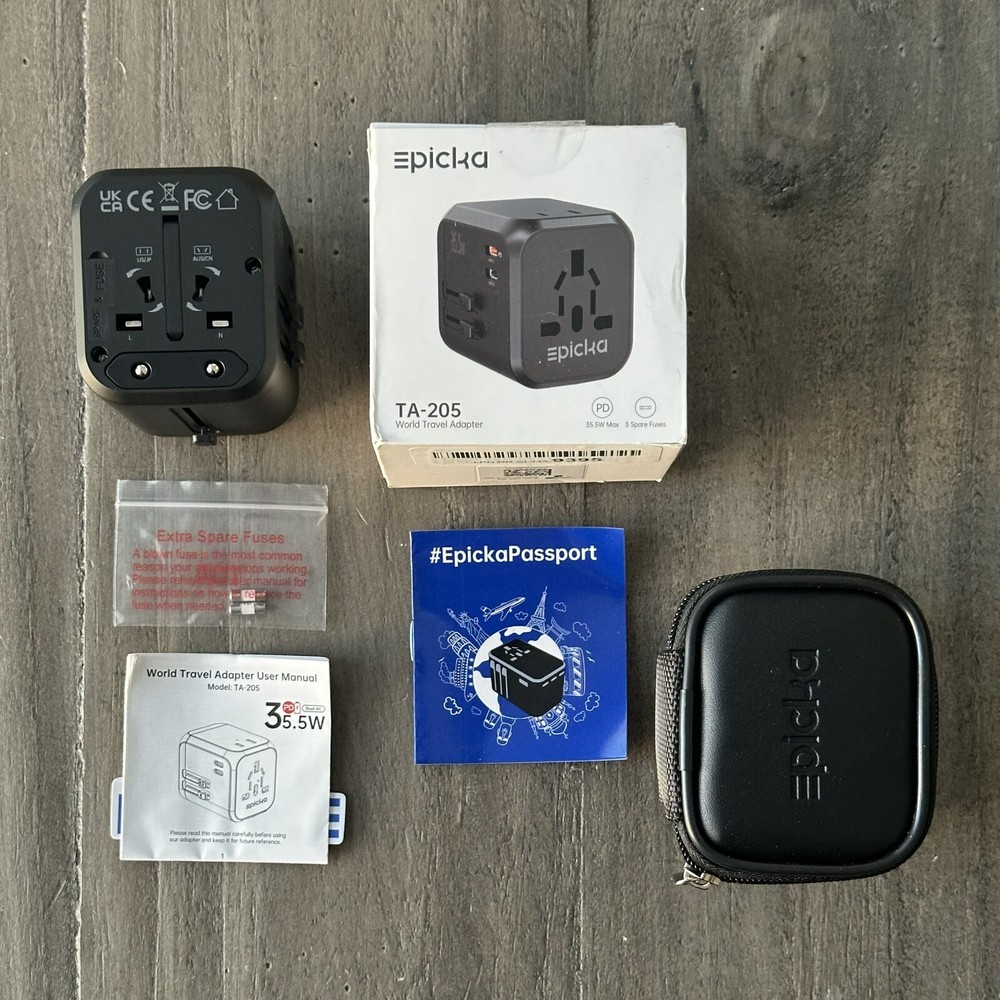 Epicka TA-205 World Travel Universal Adapter 35.5W Max 3 Spare Fuses – Open Box