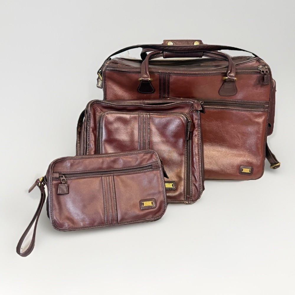LAND The Leather Collection 3 Piece Travel Set Multiple Compartments Brass