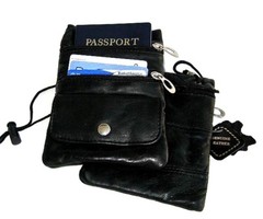 2x Black Passport Holder Neck Leather Pouch Bag Travel String Purse Handbag