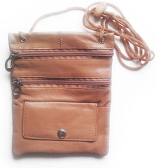 Tan Genuine Leather Travel Bag Passport Holder Neck Strap Wallet Zip New