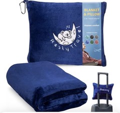 Resty 65″x40″ Airplane Blanket, Lightweight, Velvety Soft Blanket Travel Pillow