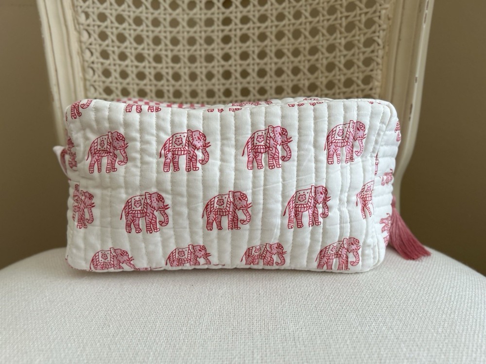 Mark & Graham Block Print LARGE Travel Pouch Pink Elephant NO MONO NWOT