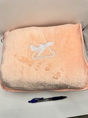 Light Pink Plush Travel Pillow with Strap, Embroidered Airplane & Cloud