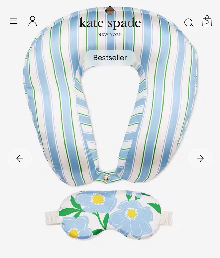Kate Spade Travel Set Memory Foam Neck Pillow Satin Eye Mask Stripe Floral NWT