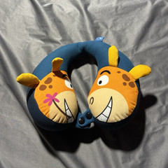 Blue U-Shaped Neck Travel Pillow w/ Snap Closure, Giraffe Plush Face Foam