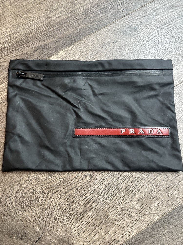 Prada Toiletry Bag Travel Wash Case Black Red Stripe Logo Zip
