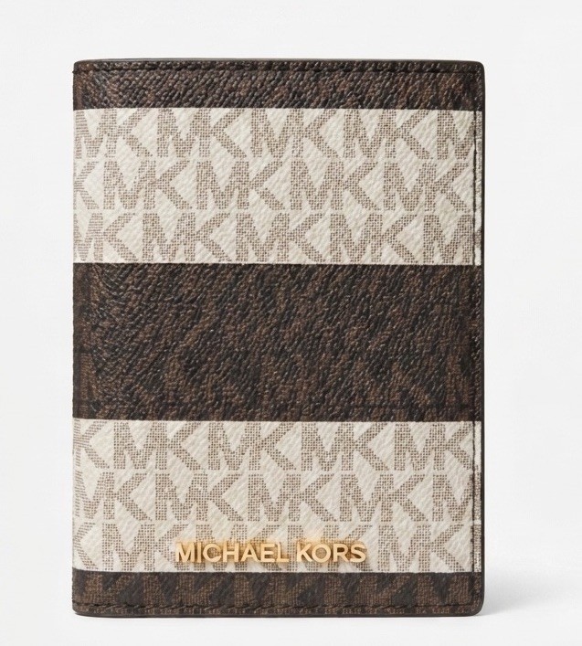 Michael Kors Jet Set Travel MD Logo Striped Passport Case Vanilla Luggage Wallet