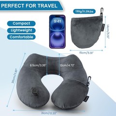 Keemall Inflatable Travel Pillows for Airplanes, Easy Blow Medium, Black Gray
