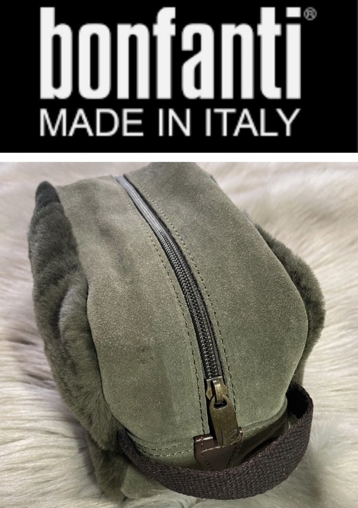 Bonfanti Borse Italy Brown Calf Leather Green Sheepskin Toiletry Dopp Bag