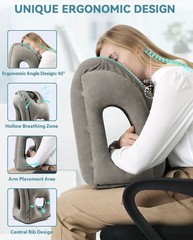 Gray Inflatable Travel Neck Pillow Ergonomic 45° Support, 5 Breaths Inflate