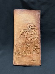 Vtg Leather Travel Documents Wallet 10” Brown Emboss Palm Trees Sea G.H Initials