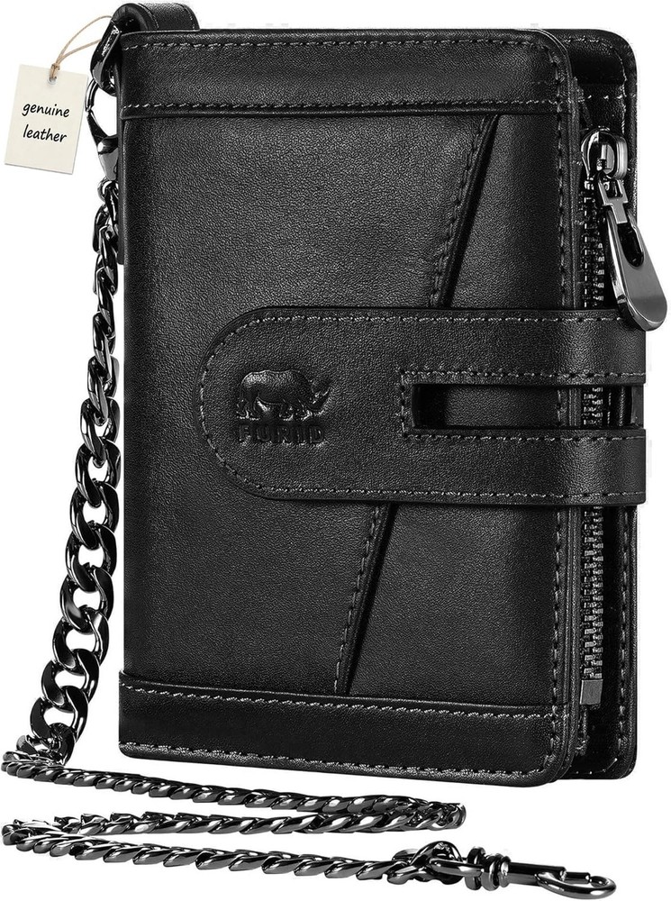 furid Men’s Genuine Leather Chain Wallet: Bifold Zipper Coin Pocket with Anti…