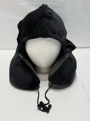 Hooded Travel Neck Pillow Memory Foam U Shape Airplane Car Black w/ Bag NEW