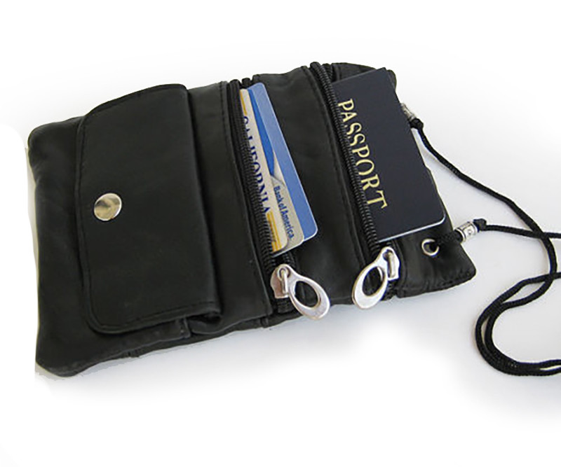 Black Genuine Leather ID Holder Neck Pouch Wallet Strap US SELLER