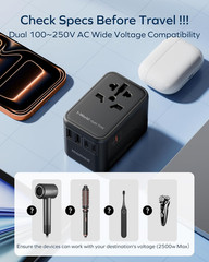 Universal Travel Adapter 70W Gan, 3 USB-C PD & 2 USB-A QC, International Power A