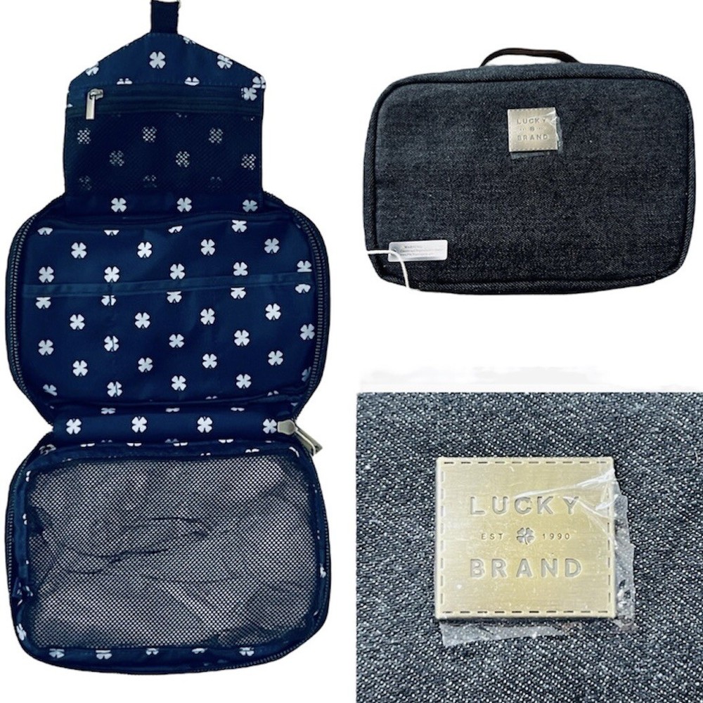 NEW Lucky Brand Toiletries Travel Case Outer Black Gray Inner Blue Hanger