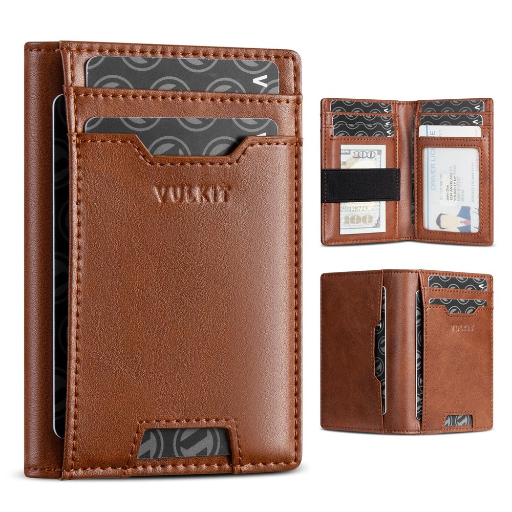 VULKIT Credit Card Holder RFID Blocking Slim Leather Front Pocket S, Brown