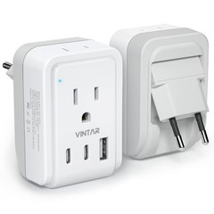 1 Pack European Travel Plug Adapter, VINTAR Foldable Small, white+gray