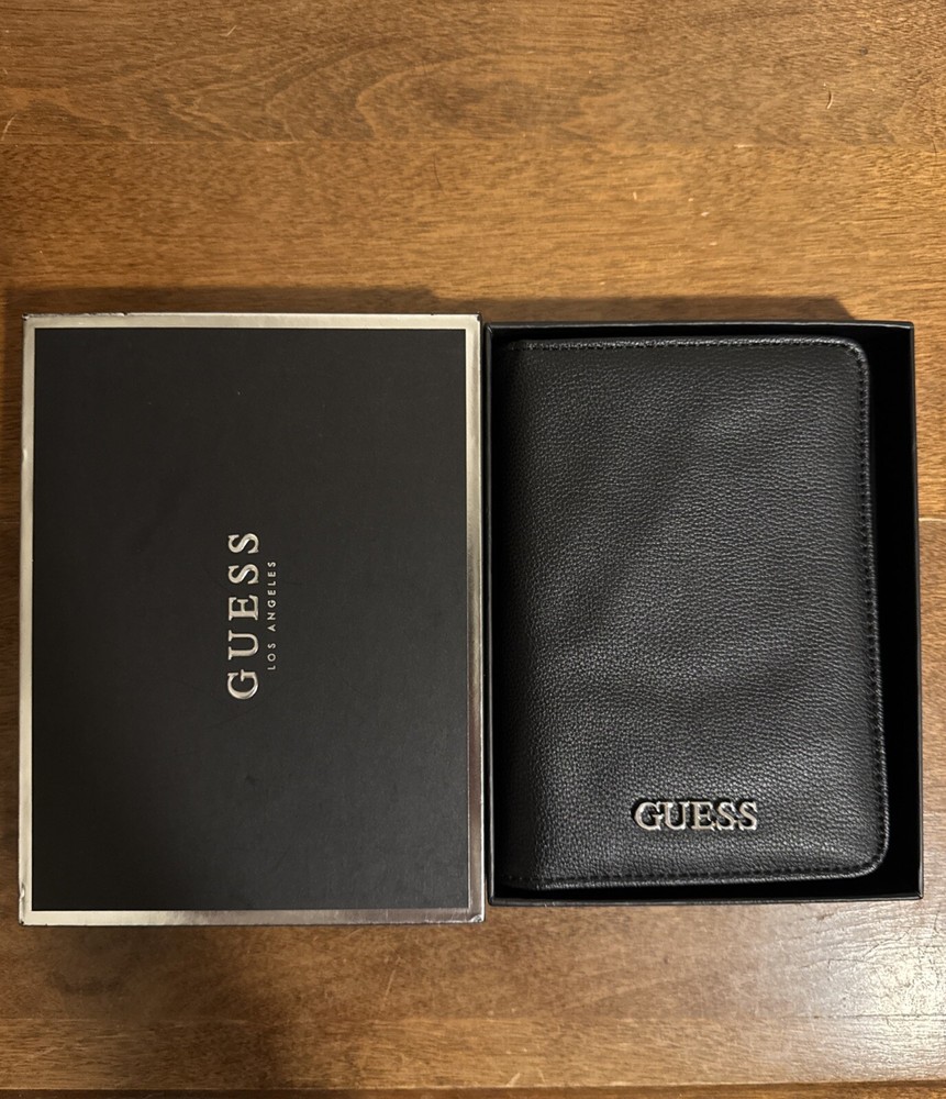 GUESS Elite Passport Holder Black Pebbled Faux Leather Unisex