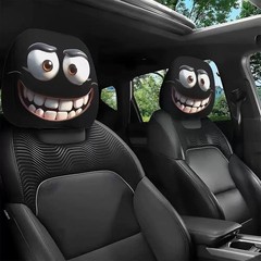 Generic Car Headrest Covers with Funny Smiley Face Design, Black Elastic Fabric