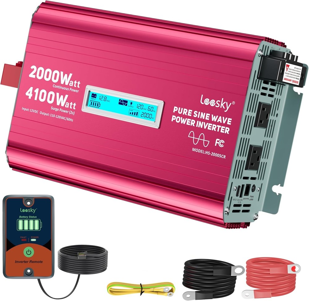 2000W Pure Sine Wave Inverter 12V to 110V 4100W Surge USB-C
