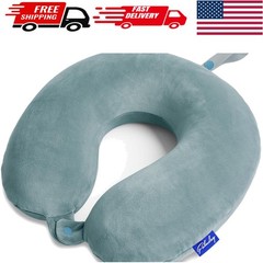 Ergonomic Gray Blue Neck Travel Pillow with Washable Velvet Cover & Snap Strap
