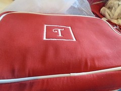 Pottery Barn Solid Essential cosmetic bag monogrammed T red New