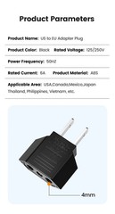 New Elough 4.0mm US to EU Plug Adapter European to USA Travel Power Adapte