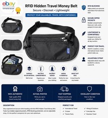 RFID Blocking Hidden Travel Money Belt Waist Pouch Passport Holder Black