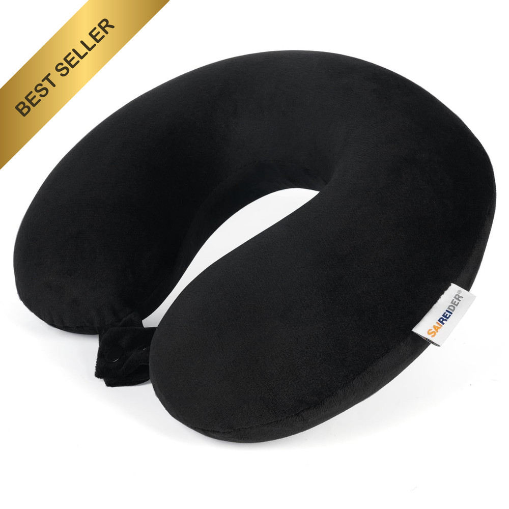 SAIREIDER 100% Pure Memory Foam Travel Neck Pillow with Washable Cover Black