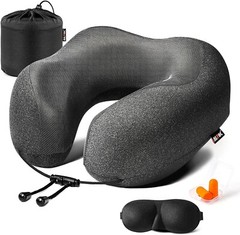 Travel Neck Pillow With Mask Earplugs & Travel Bag 100% Memory Foam Washable New