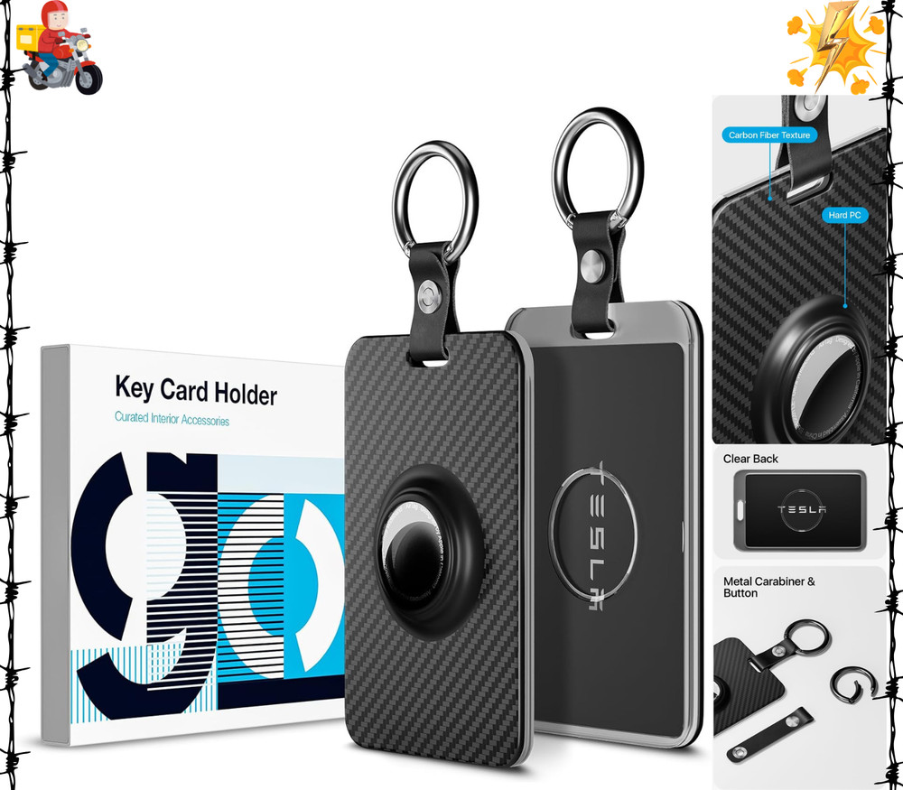 Key Card Holder for Tesla with Airtag Slot [Scratch-Resistant, Carbon Fiber Text