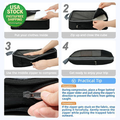 Compression Packing Cubes Set 6 Black Half Mesh Travel Organizers