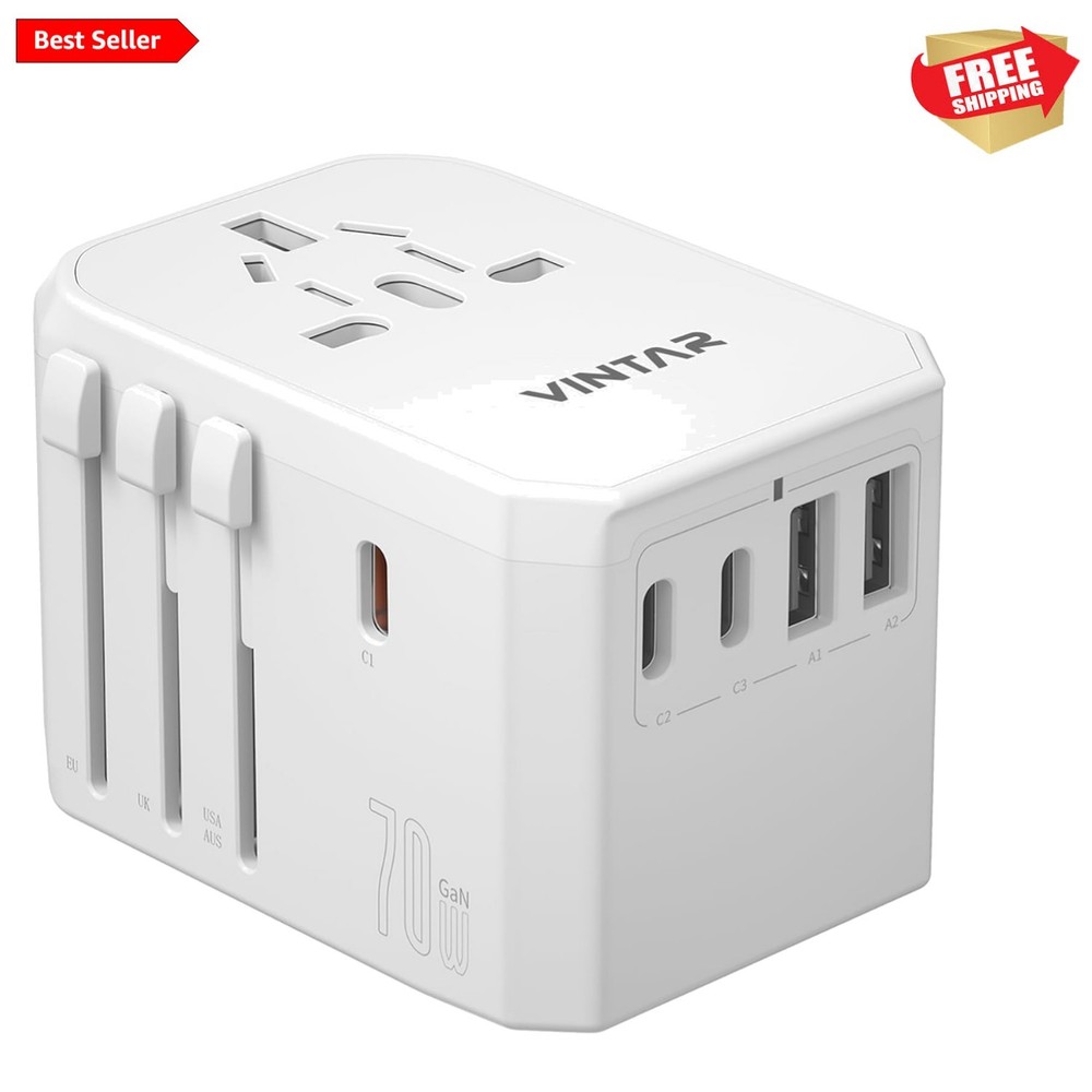 Compact 70W GaN Fast Charger: 5-in-1 Universal Travel Adapter for 150+ Countries