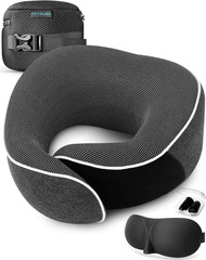 Travel Neck Pillow 100% Memory Foam – Airplane & Car Travel Essentials Kit with