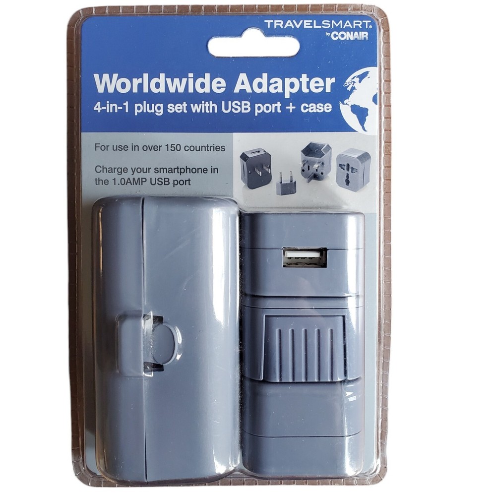 Conair Travelsmart Worldwide Adapter 4 in 1 Plug Set with USB Port and Case