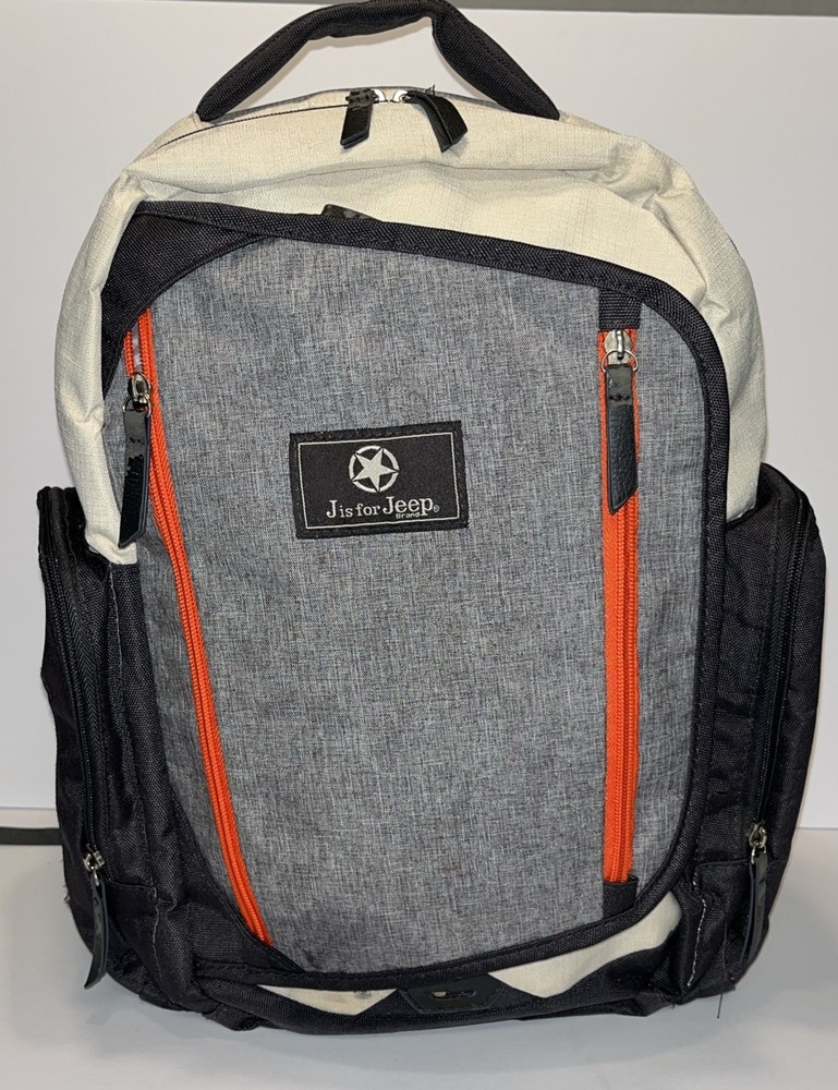 J Is For Jeep Backpack/ Diaper Bag Grey/Red/Tan Many Zipper Pockets