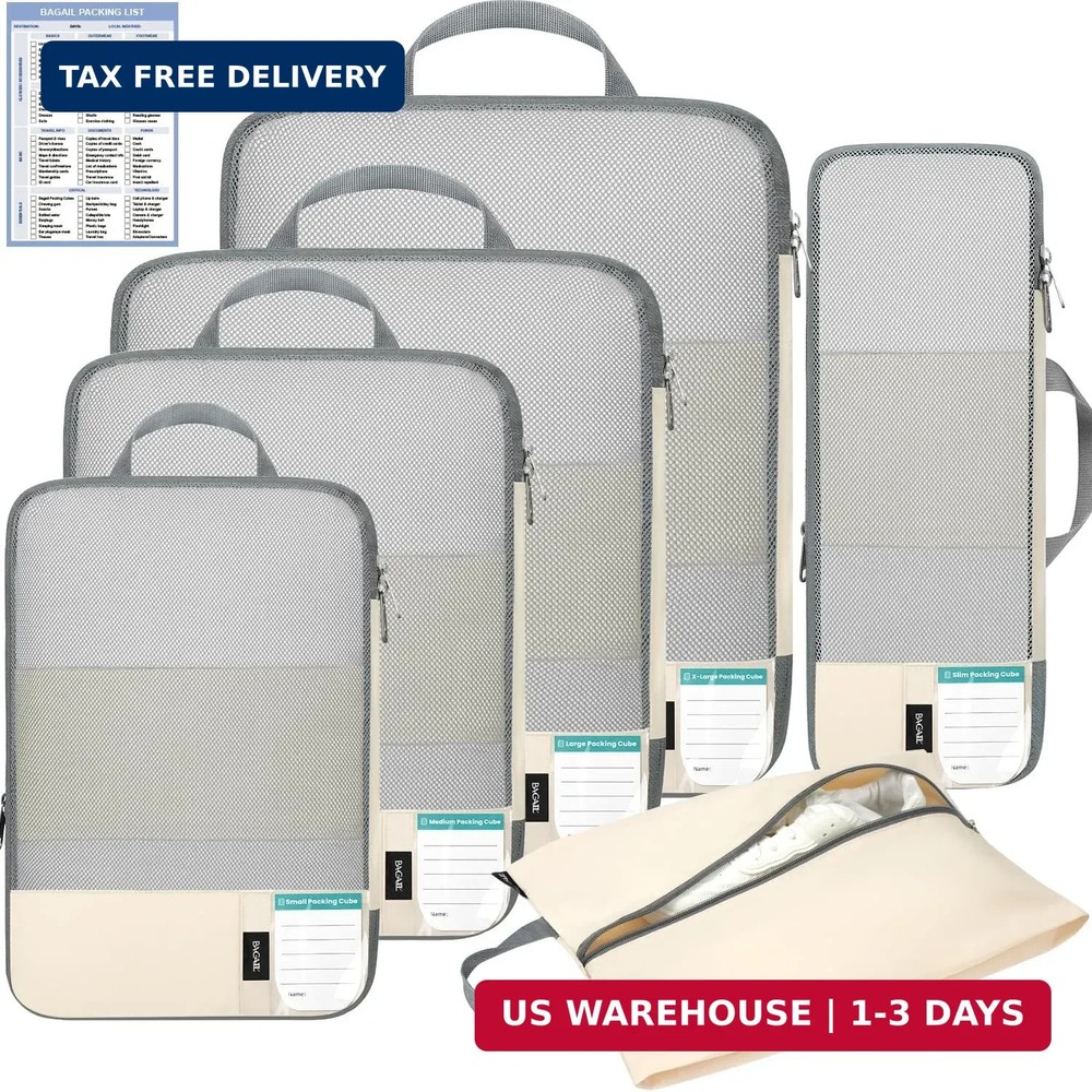 BAGAIL Lightweight Compression Packing Cubes for Travel, 6 Set, Beige | Salis Ny