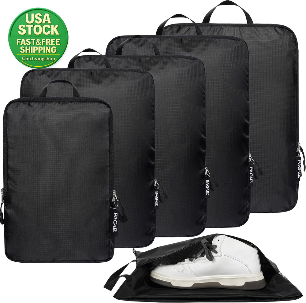 6 Set Ultralight Compression Packing Cubes Travel Organizer Black 70D