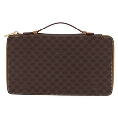 CELINE Macadam Canvas Travel Case PVC Leather Brown Gold Auth ki6242