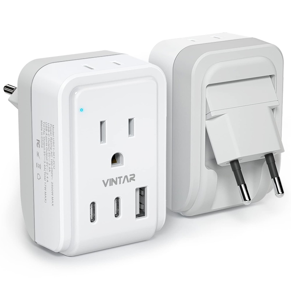 1 Pack European Travel Plug Adapter, VINTAR Foldable Small, white+gray