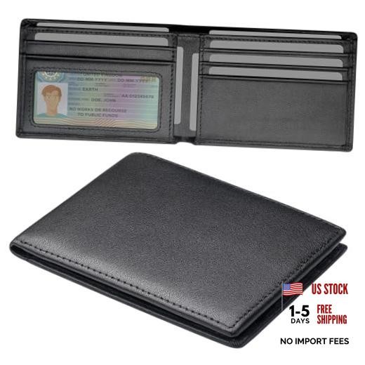 Genuine Leather Slim Wallet for Men, Thin RFID Blocking Bifold Mens Black