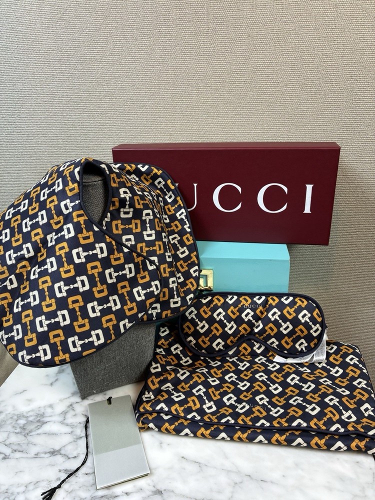 Gucci Horsebit Cotton Eye Mask & Travel Neck Pillow Set w/ Pouch & Box NWT