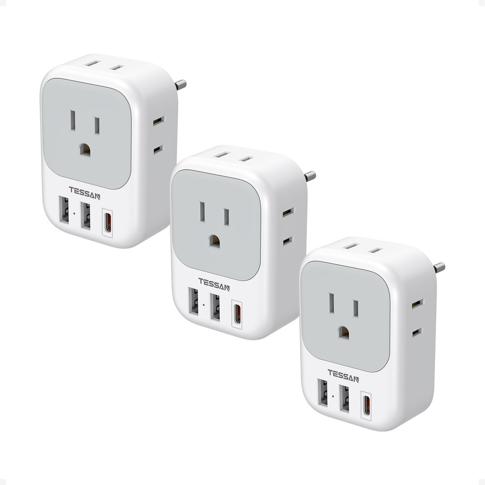 TESSAN European Travel Plug Adapter USB C 3 Pack, PD 20W US Gray&White-Type C